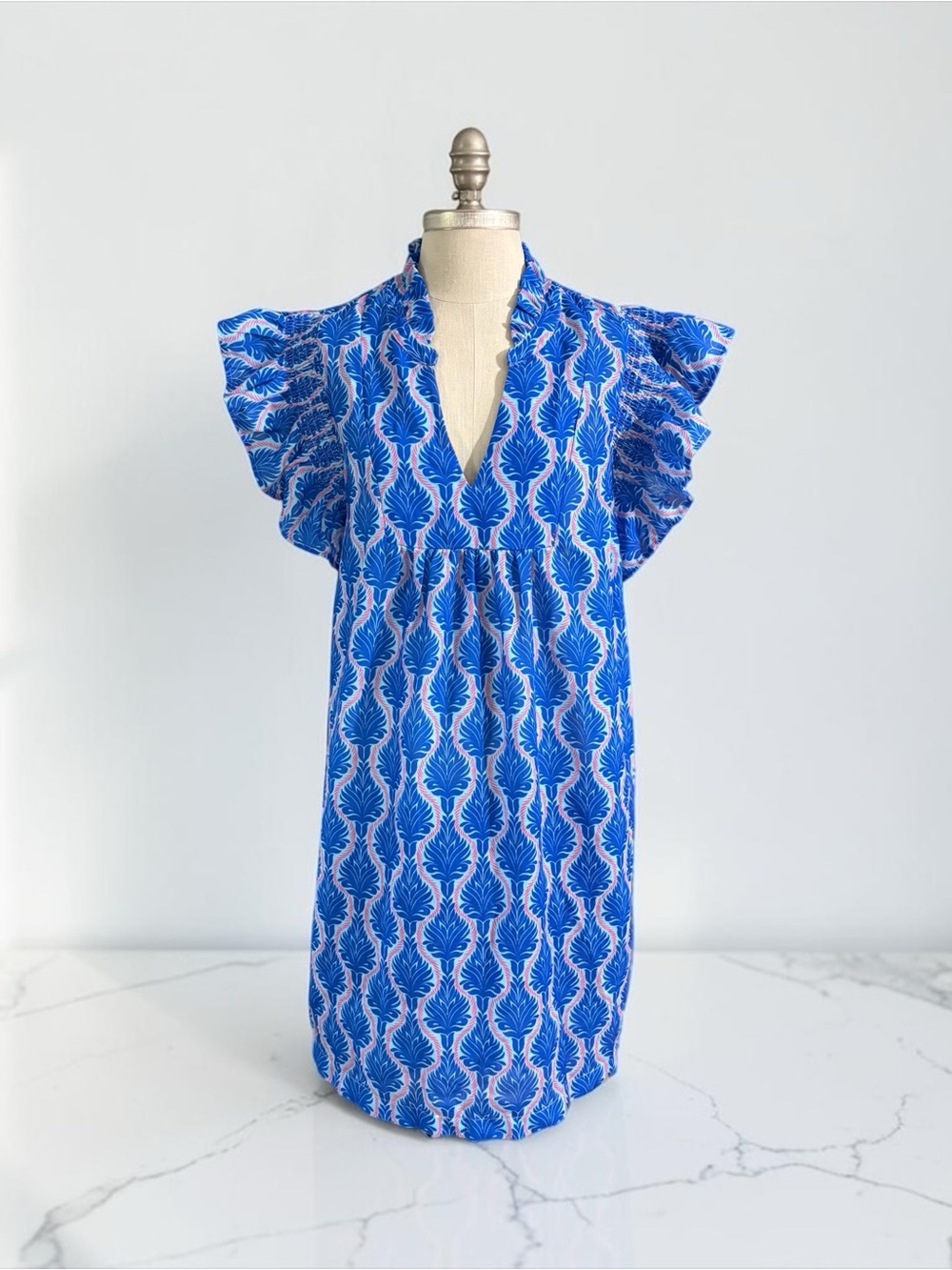 Umgee Royal Blue Leaf Print V-Neck Flutter Sleeve Tunic